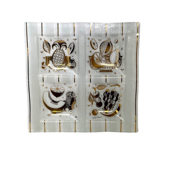 Georges Briard Platter Divided Fruit 15" Square Gold Textured MCM Vtg Serving - Picture 2 of 12